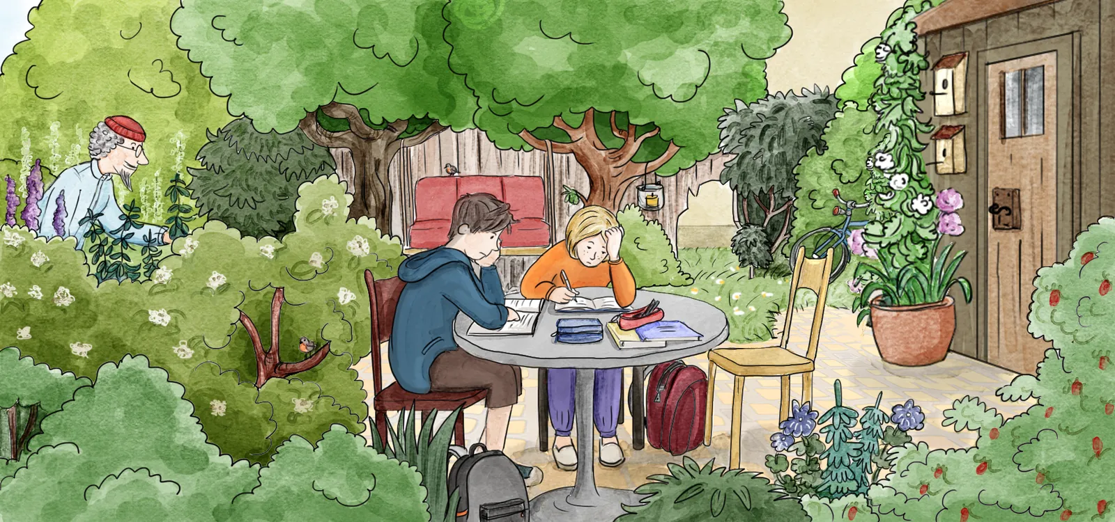 Aquarell: zwei Kinder bei den Hausaufgaben in einem verwunschenen Garten.