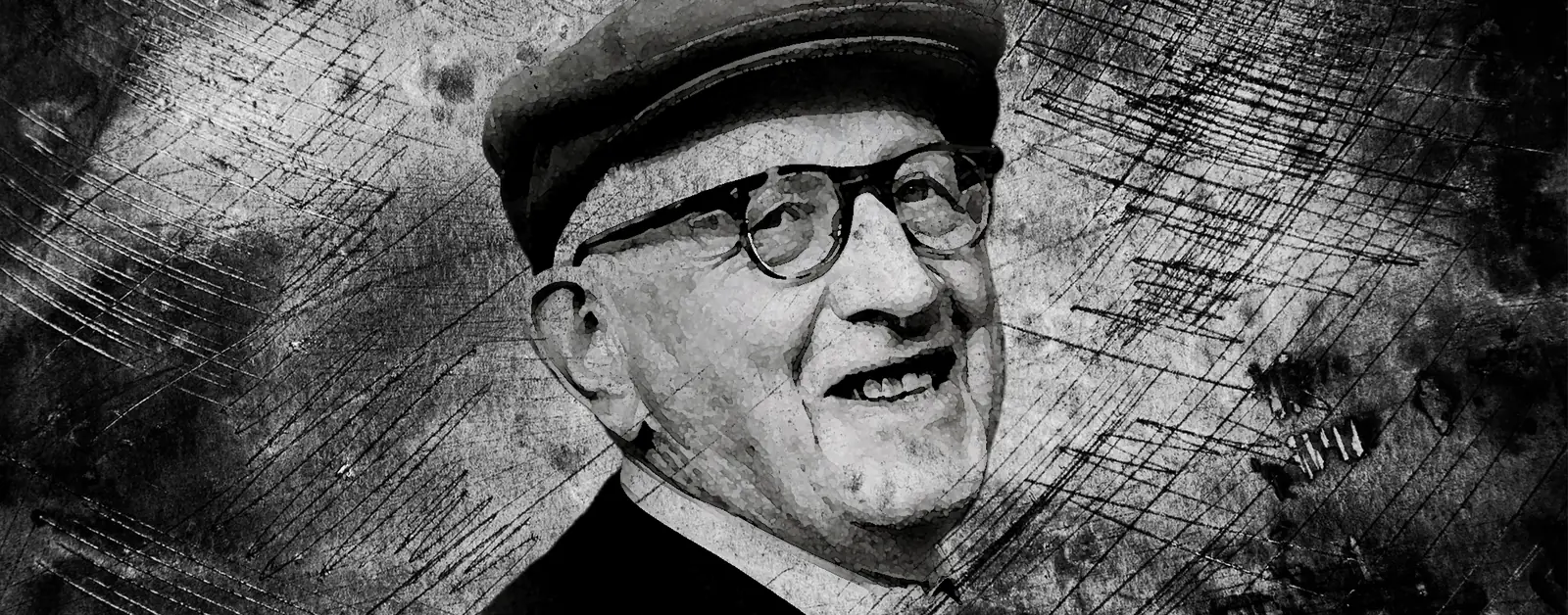 Porträt von Měrćin Nowak-Njechorński mit Schirmmütze und runder Brille, grafisch bearbeitet.