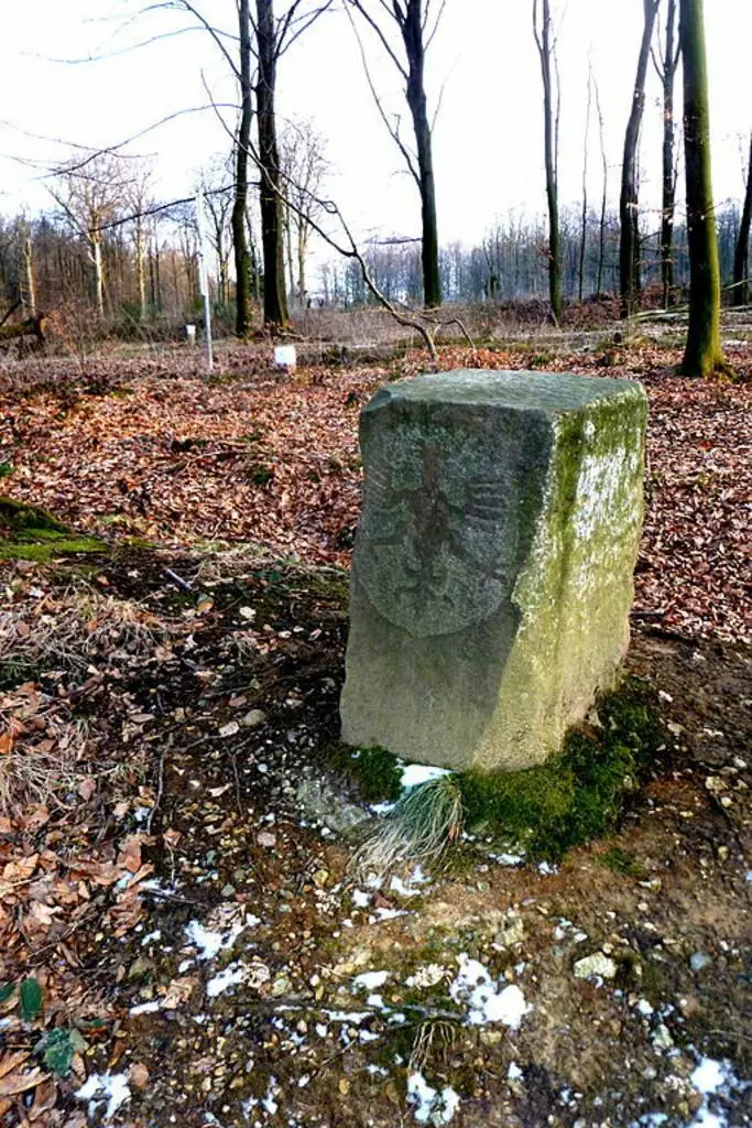 Ein sogenannter ‚Adlerstein‘ zeigt im Aachener Wald die Stelle an, an der früher das Herrschaftsgebiet der Freien Reichsstadt Aachen endete.