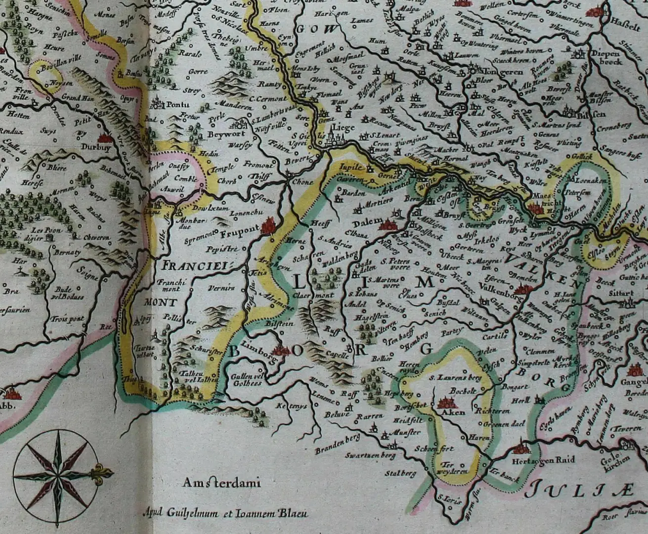 Ausschnitt einer handkolorierten Karte des Bistums Lüttich von 1659.